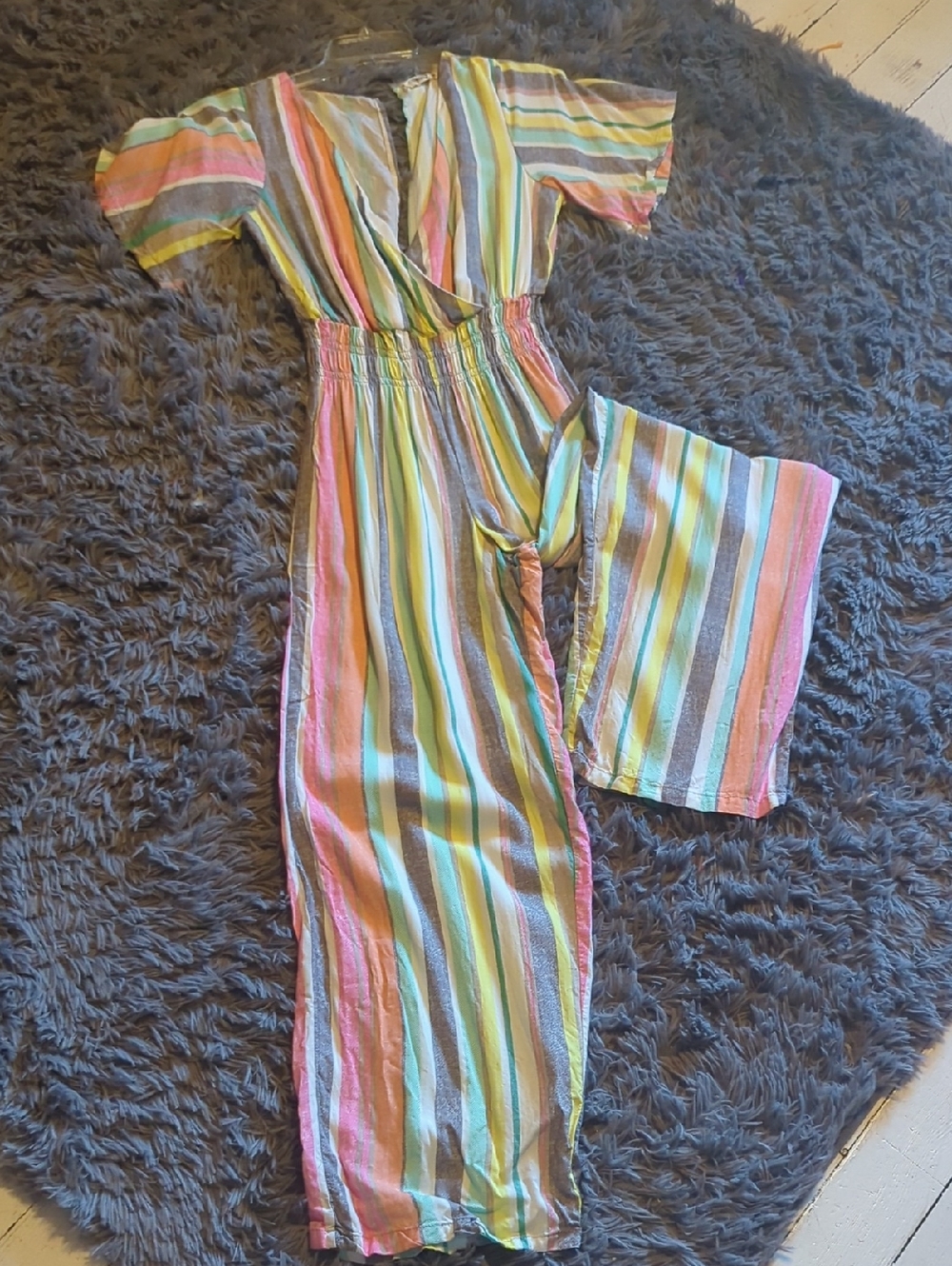 Girls' Multicolor Striped Short-Sleeve Jumpsuit - Pastel Stripe